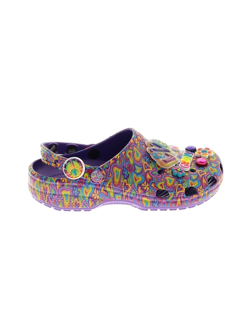 Crocs x Lisa Frank Classic Clogs neon purple hearts vibrant pattern jibbitz char